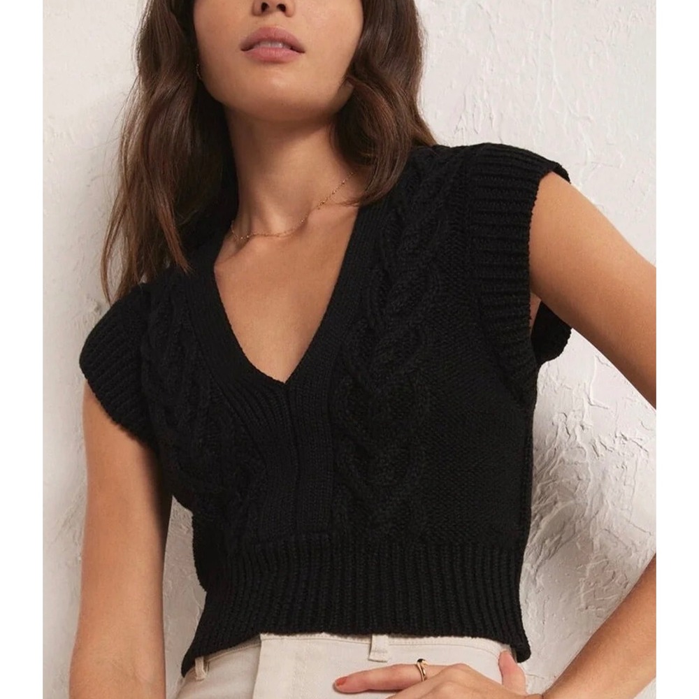 Z Supply Roped In Sweater Vest Black Cable Knit V-Neck Women's Small